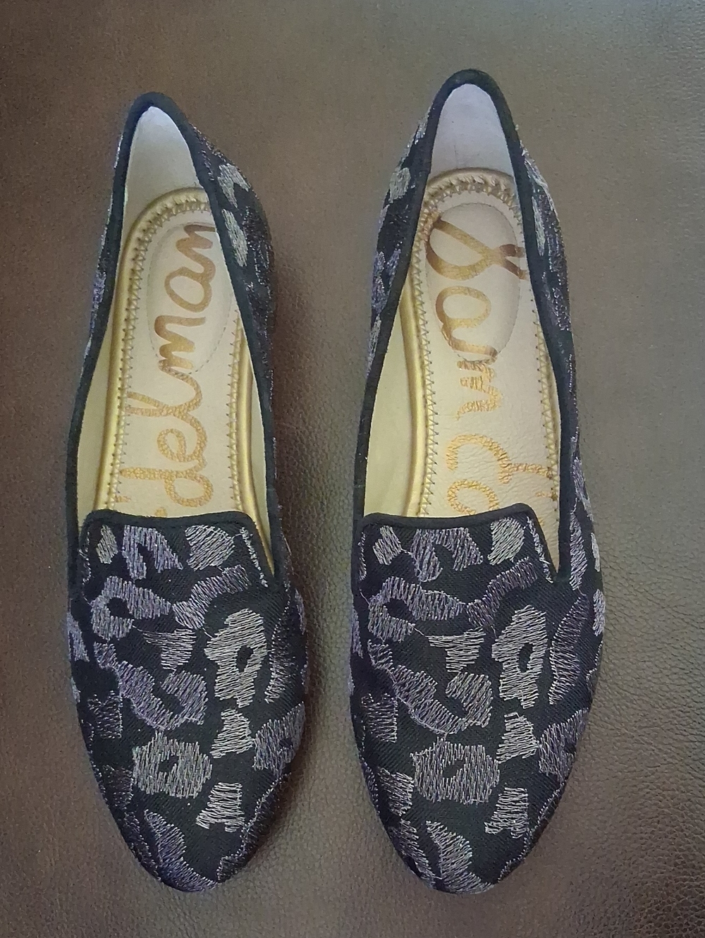 Sam Edelman Jordy Black Silver Mesh Leather Leopard Embroidered Loafers 6.5